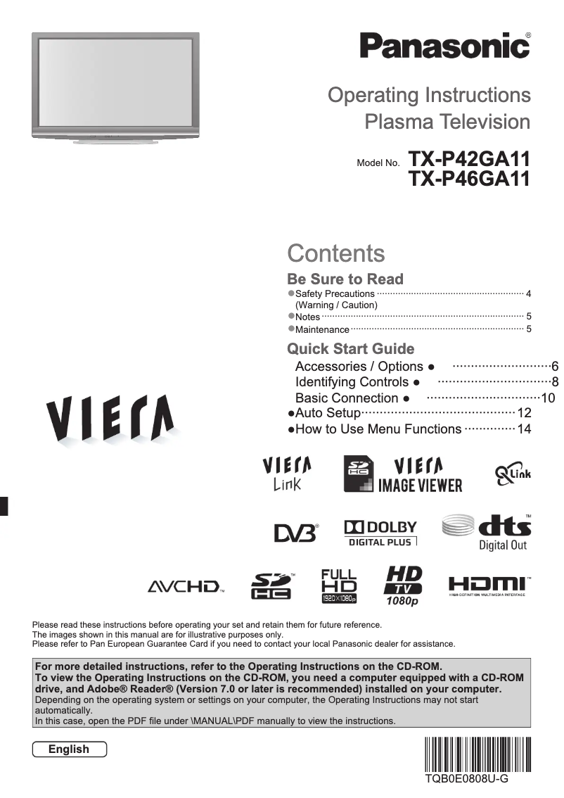 Page 1 of the manual User Manual Panasonic Viera TX-P46GA11