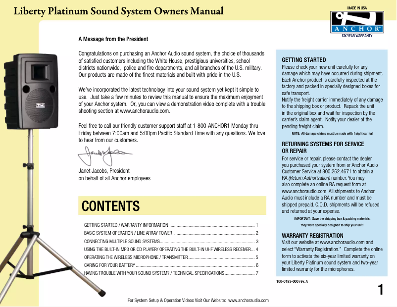 Page 1 de la notice Manuel utilisateur Anchor Audio LIB-7500C/AC