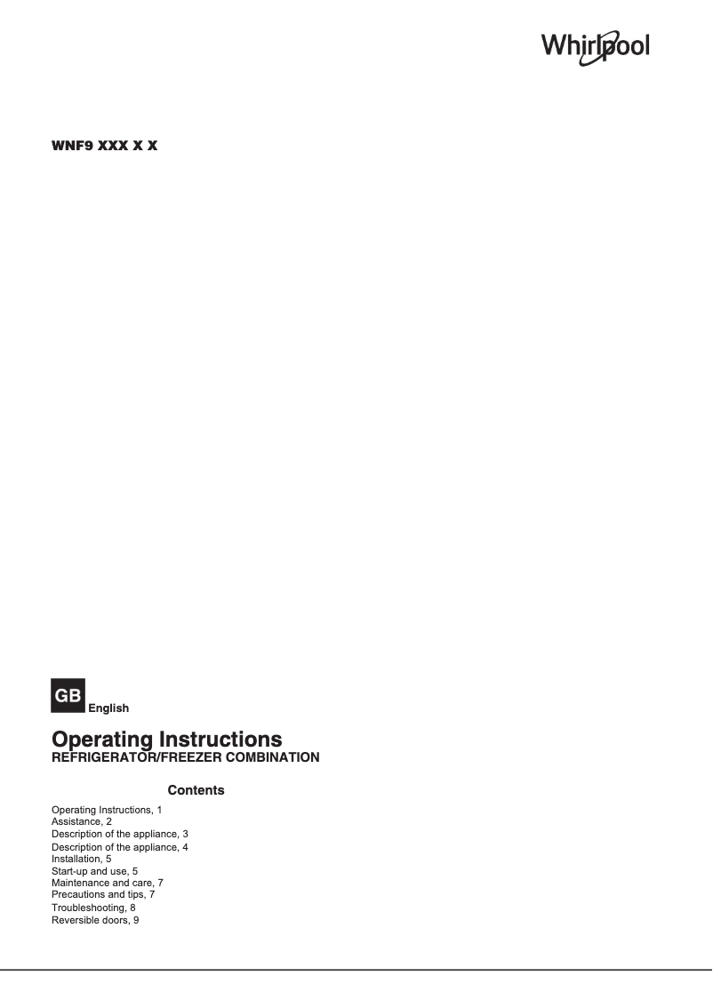 Page 1 de la notice Manuel utilisateur Whirlpool WNF9 T2Z X H