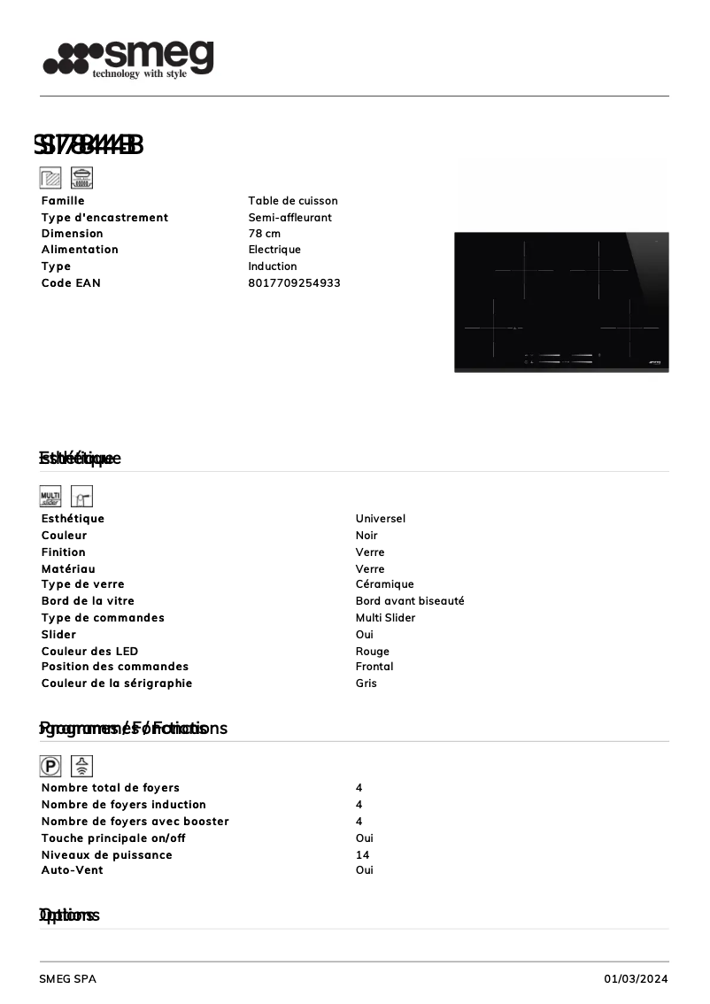 Page 1 de la notice Fiche technique Smeg SI7844B