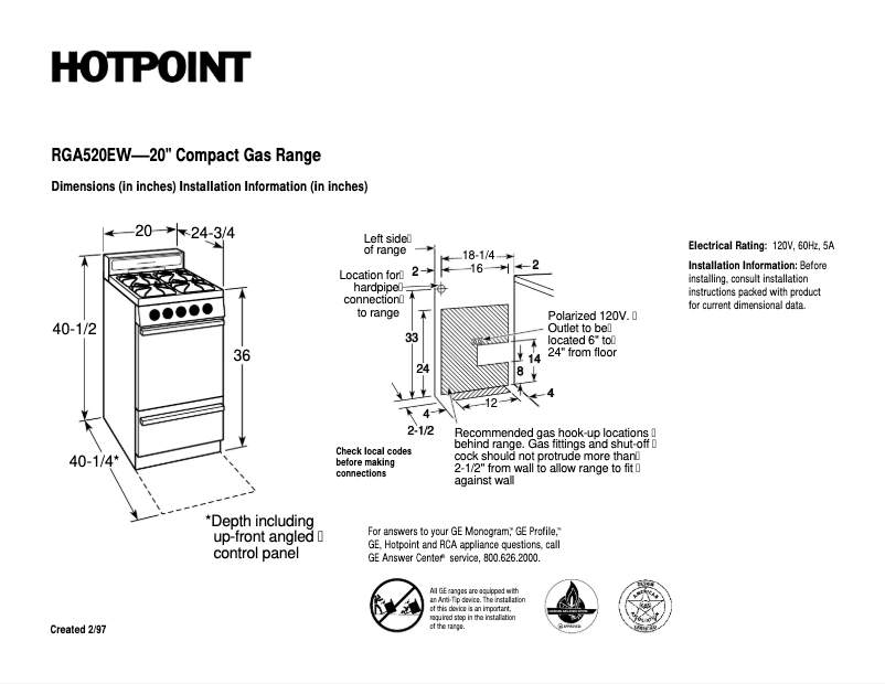 Página 1 del manual Ficha técnica Hotpoint RGA520EWAD