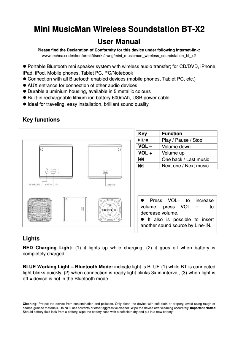 Page 1 de la notice Manuel utilisateur Technaxx Mini MusicMan Wireless Soundstation BT-X2