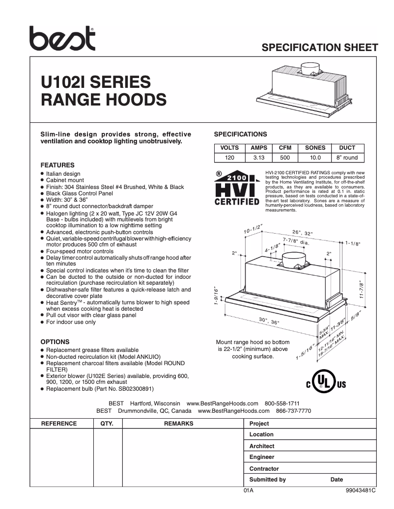 Page 1 de la notice Fiche technique Best U10236SBI