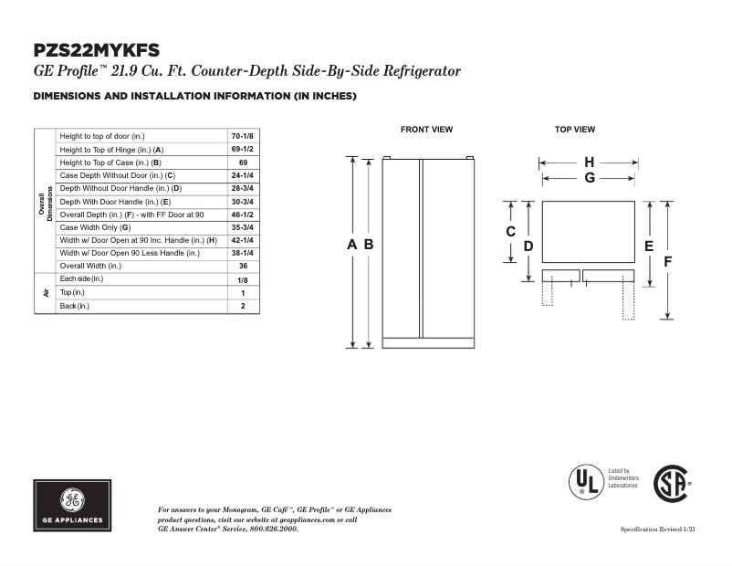Page 1 of the manual Technical Sheet GE Profile PZS22MYKFS