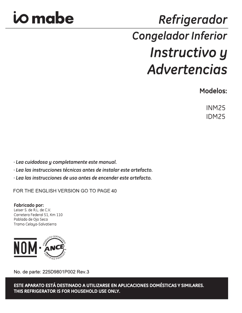 Page 1 de la notice Manuel utilisateur Mabe IDM25ESKCSS