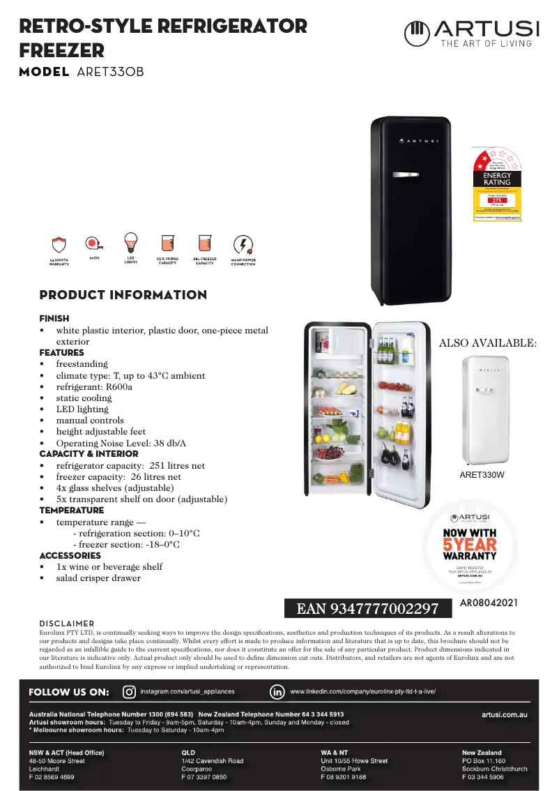 Página 1 del manual Ficha técnica Artusi ARET330