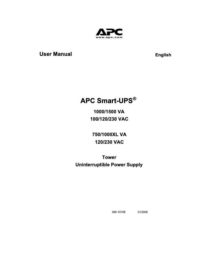 Page 1 de la notice Manuel utilisateur APC SUA1000XLI Kit