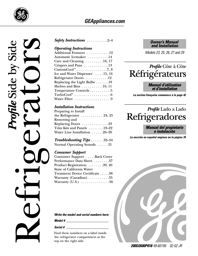 Page n°1 - Guide d'installation GE PSS29NHMWW