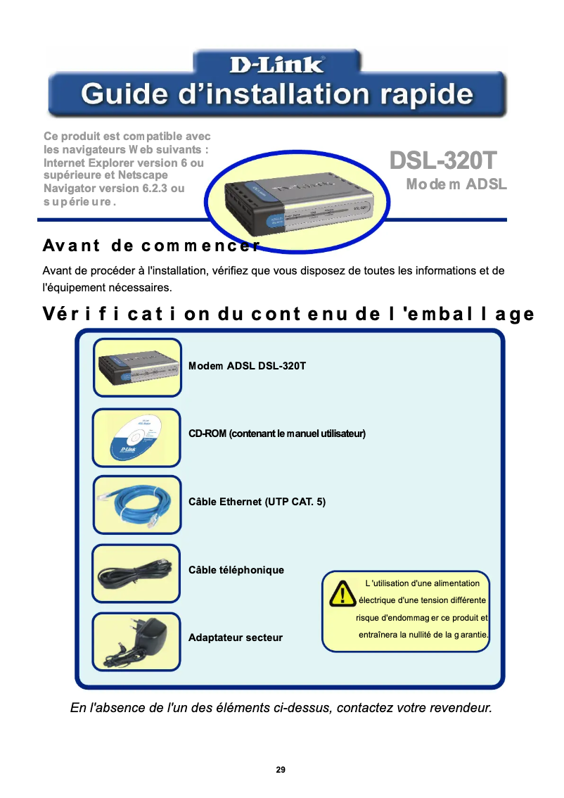 Page 1 de la notice Guide de démarrage rapide D-Link DSL-320T