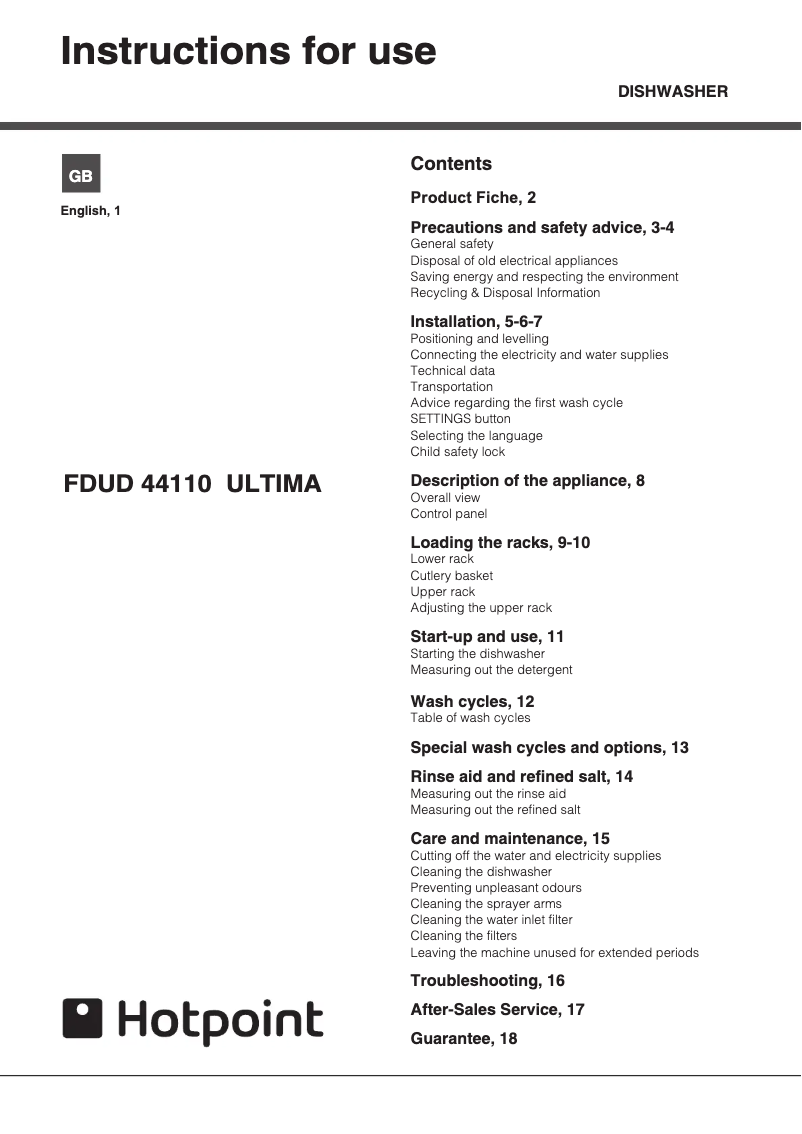 Page 1 of the manual User Manual Hotpoint FDUD 44110 P Ultima