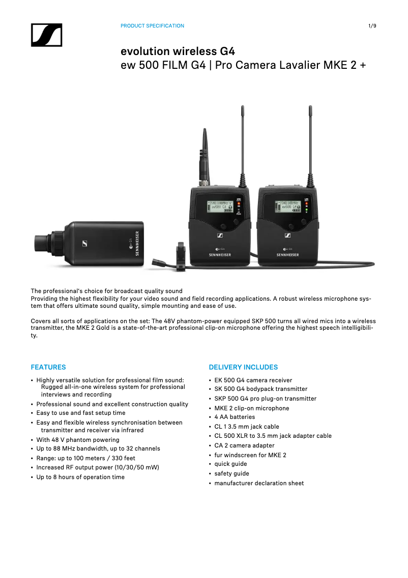 Page 1 de la notice Fiche technique Sennheiser MKE 2 Gold