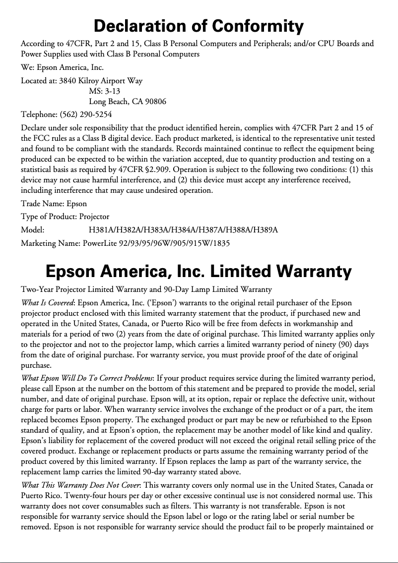 Página 1 del manual Información de garantía Epson PowerLite 905
