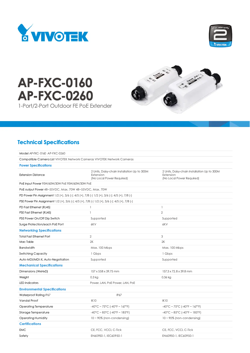 Page 1 de la notice Fiche technique Vivotek AP-FXC-0260