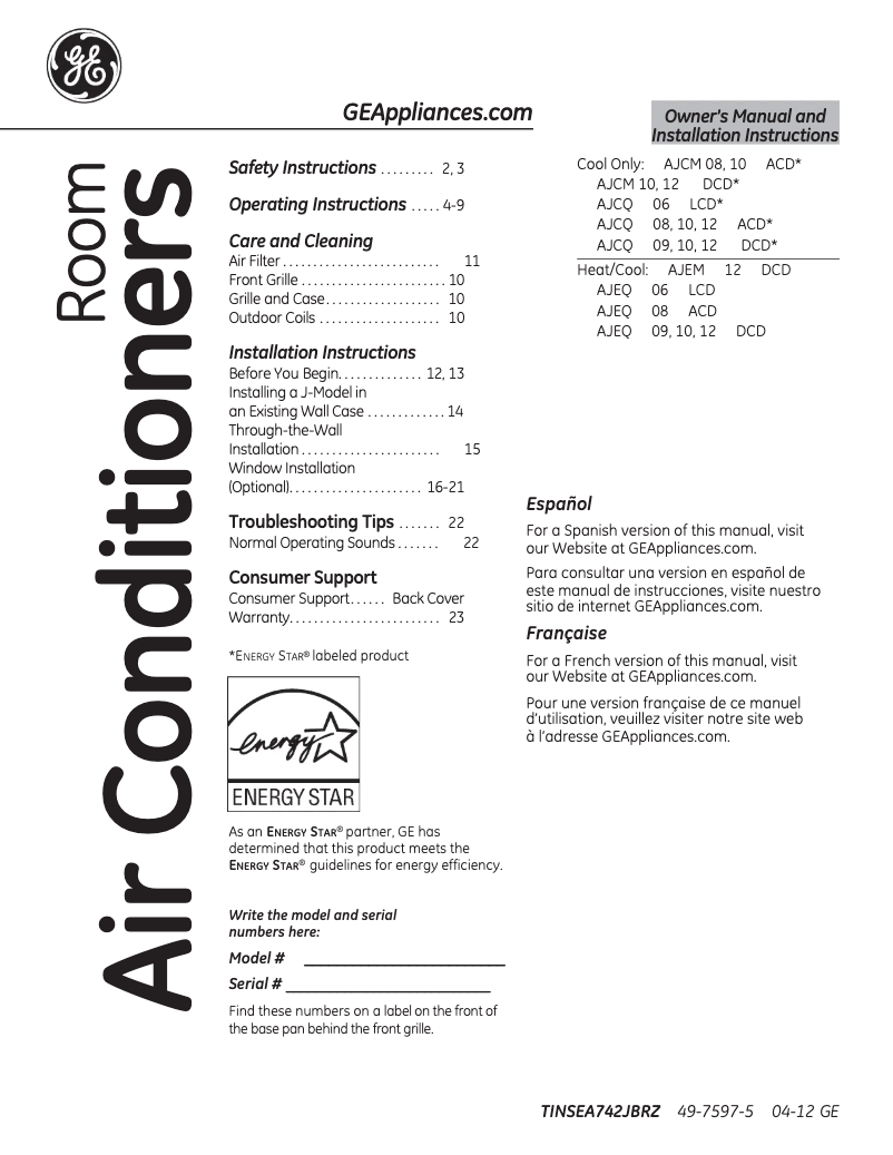 Página 1 del manual Guía de instalación GE AJCQ12DCD