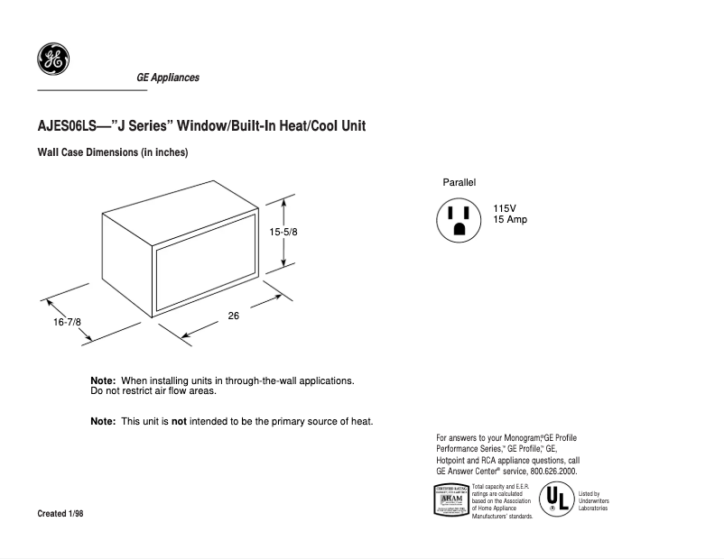 Page 1 de la notice Fiche technique GE AJES06LS