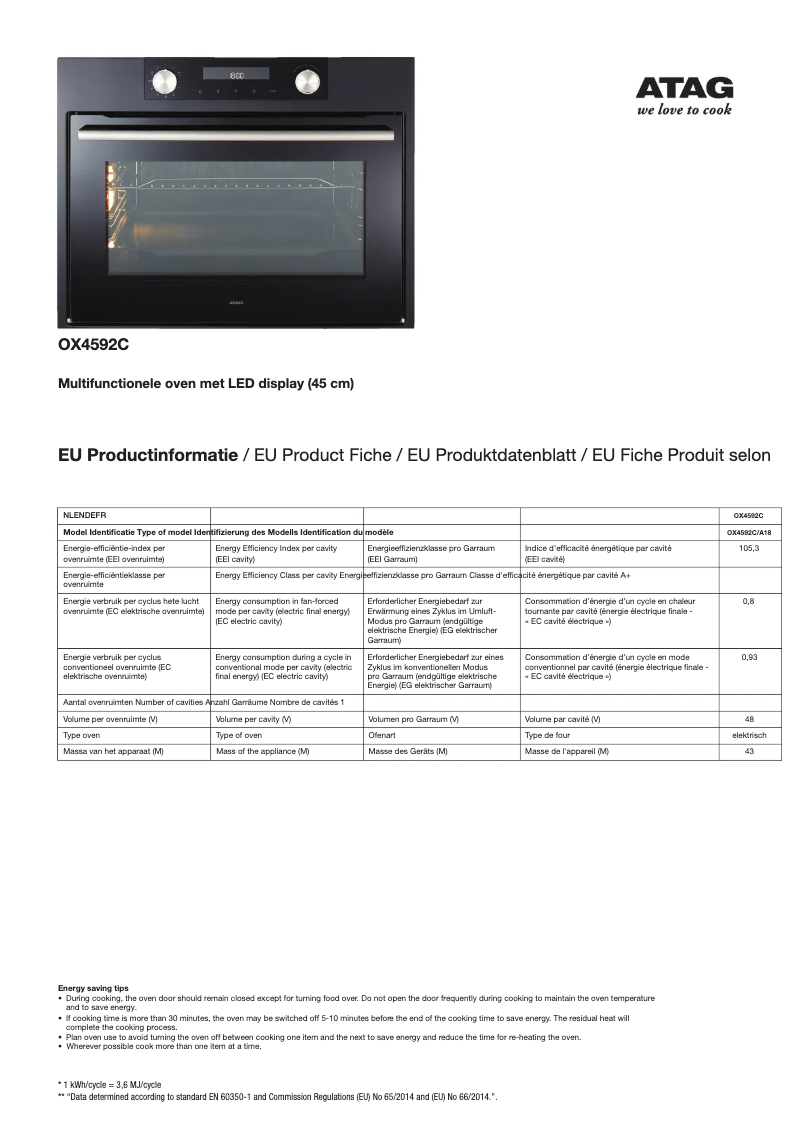 Page 1 de la notice Fiche technique Atag OX4592C