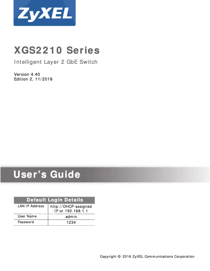 Page 1 of the manual User Manual ZyXEL XGS2210-52HP