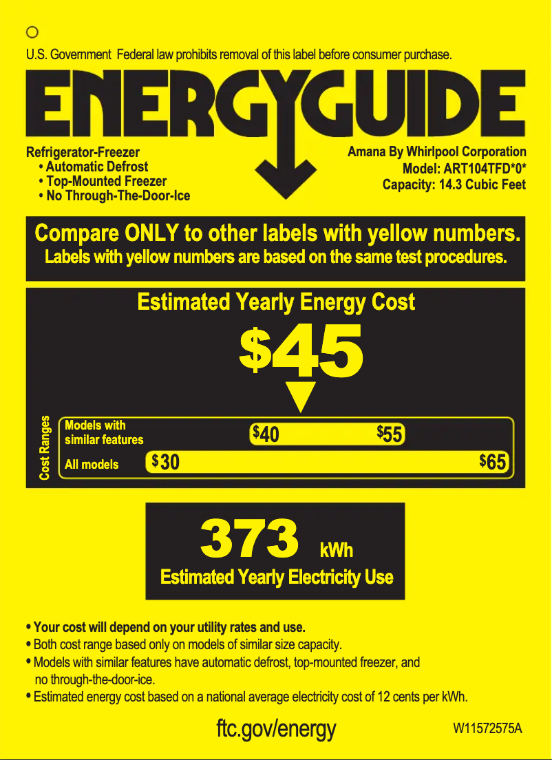 Page 1 de la notice Label énergétique Amana ART104TFDW
