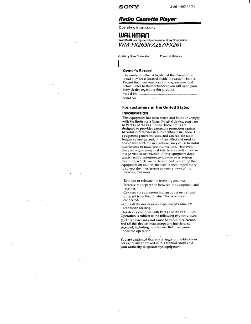 Page 1 de la notice Manuel utilisateur Sony Walkman WM-FX261