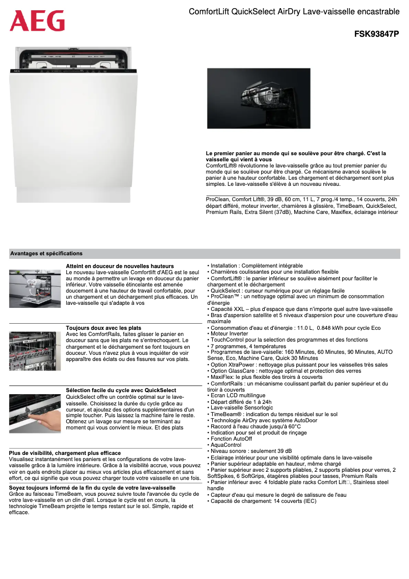 Page 1 de la notice Fiche technique AEG FSK93847P