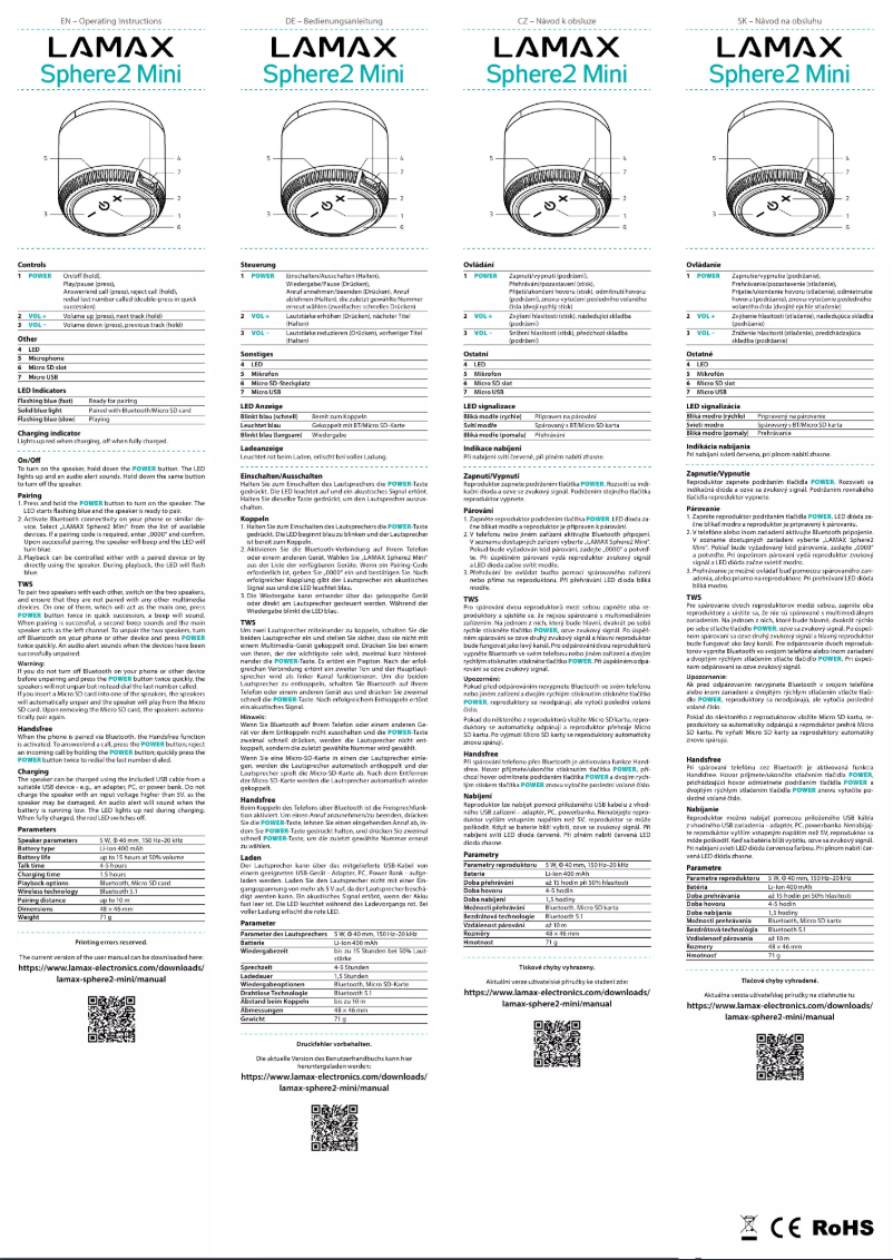 Page 1 de la notice Manuel utilisateur Lamax Sphere2 Mini