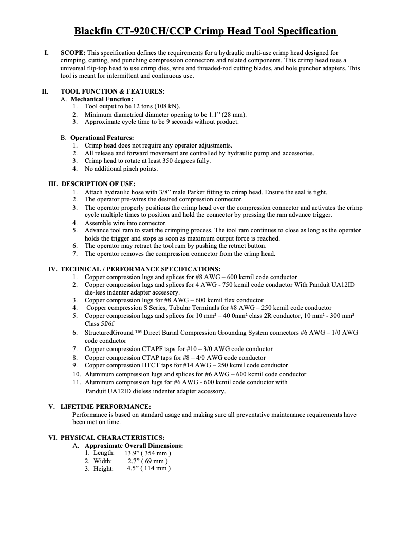 Page 1 de la notice Fiche technique Panduit CT-920CH/CCP