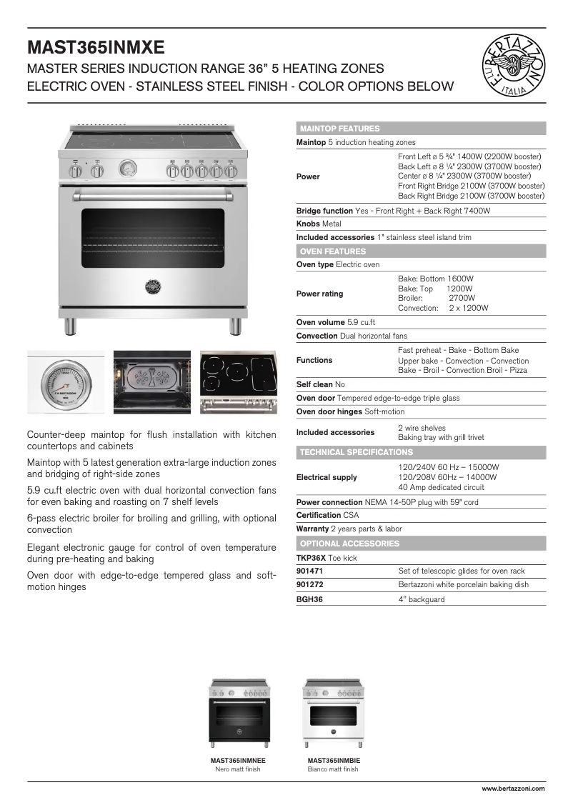 Page 1 de la notice Fiche technique Bertazzoni MAST365INMNEE