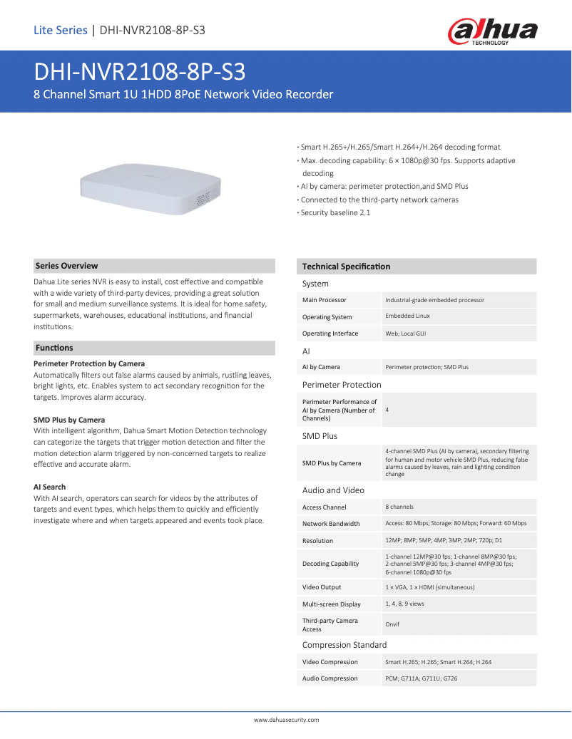 Page 1 de la notice Fiche technique Dahua Technology NVR2108-8P-S3