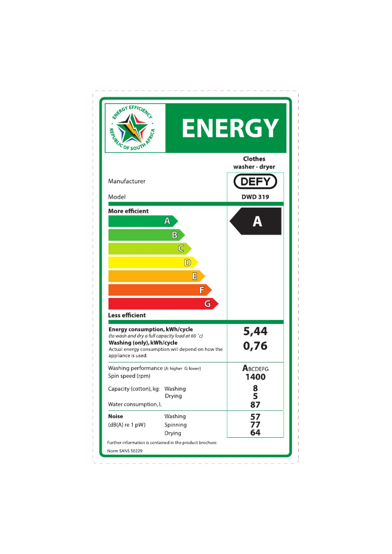 Page 1 de la notice Label énergétique Defy DWD319