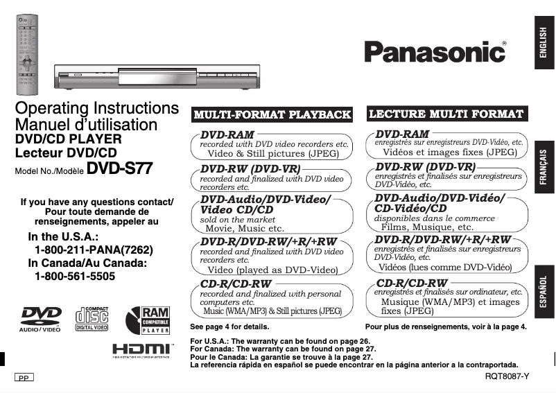 Página 1 del manual Manual de usuario Panasonic DVD-S77