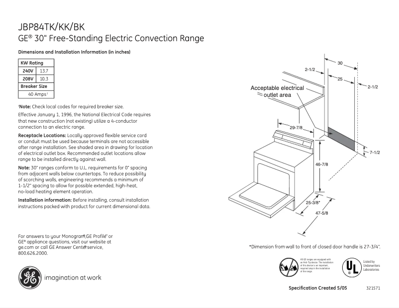 Página 1 del manual Ficha técnica GE JBP84BKBB