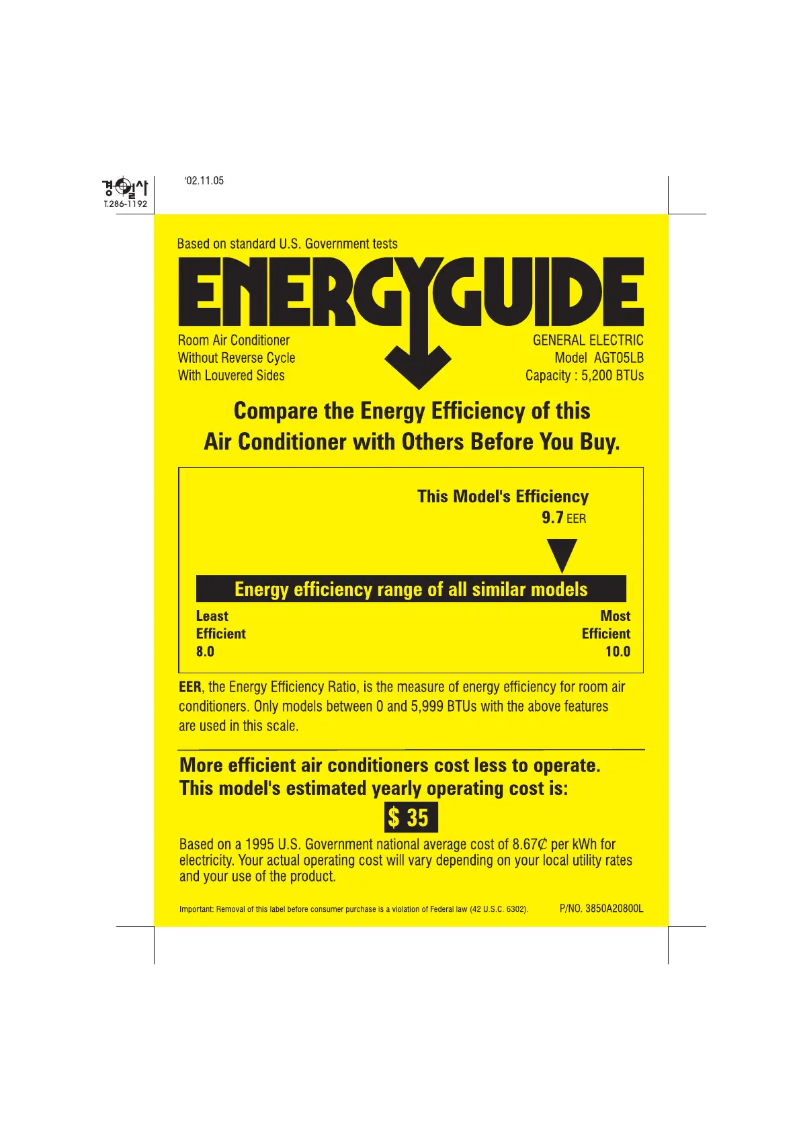 Página 1 del manual Etiqueta energética GE AGT05LB