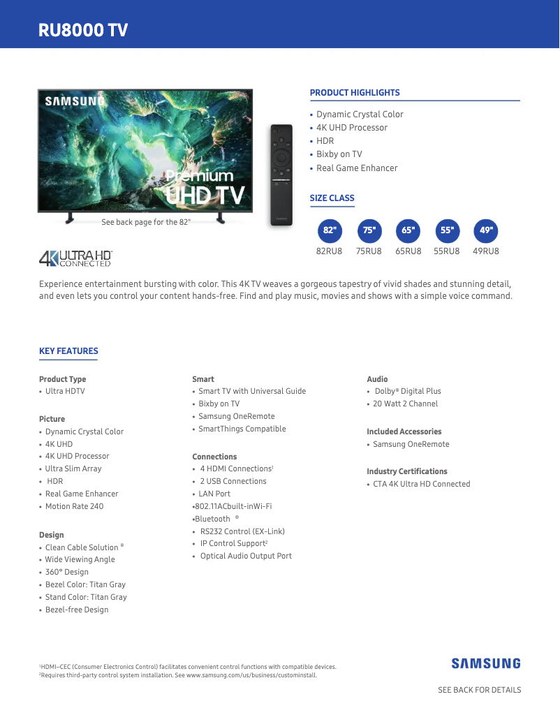 Página 1 del manual Ficha técnica Samsung UN65RU8000FXZA
