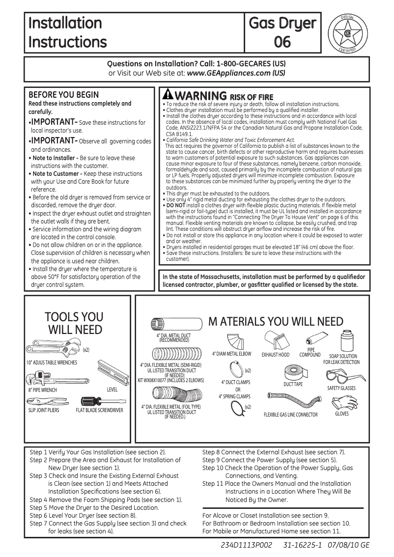 Página 1 del manual Guía de instalación GE GTDP301GLWS