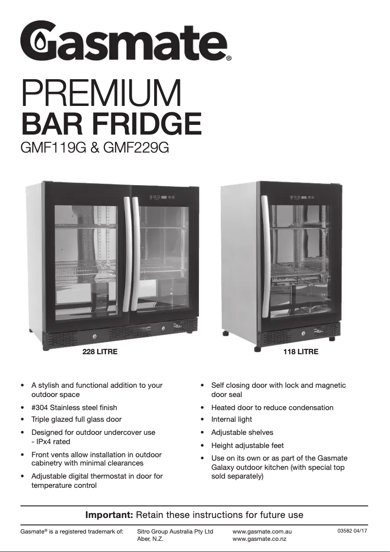 Page 1 de la notice Manuel utilisateur Gasmate GMF229G