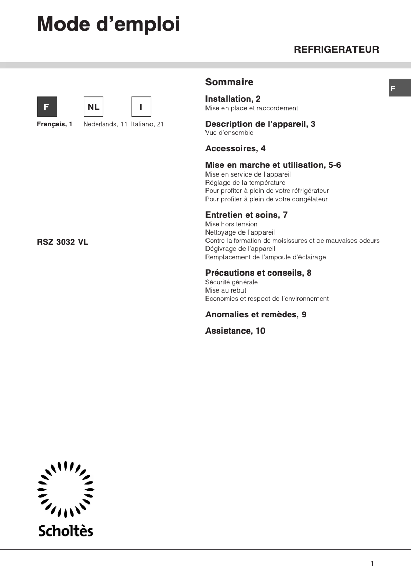 Page 1 de la notice Manuel utilisateur Scholtès RSZ 3032 V L