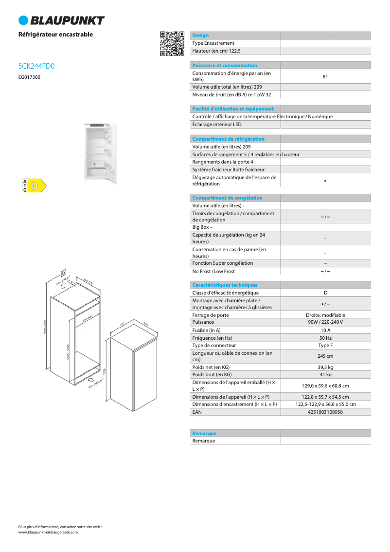 Page 1 of the manual Technical Sheet Blaupunkt 5CK244FD0