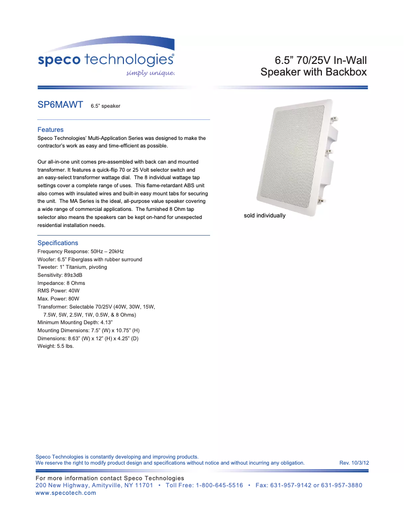 Page 1 de la notice Brochure Speco Technologies SP6MAWT