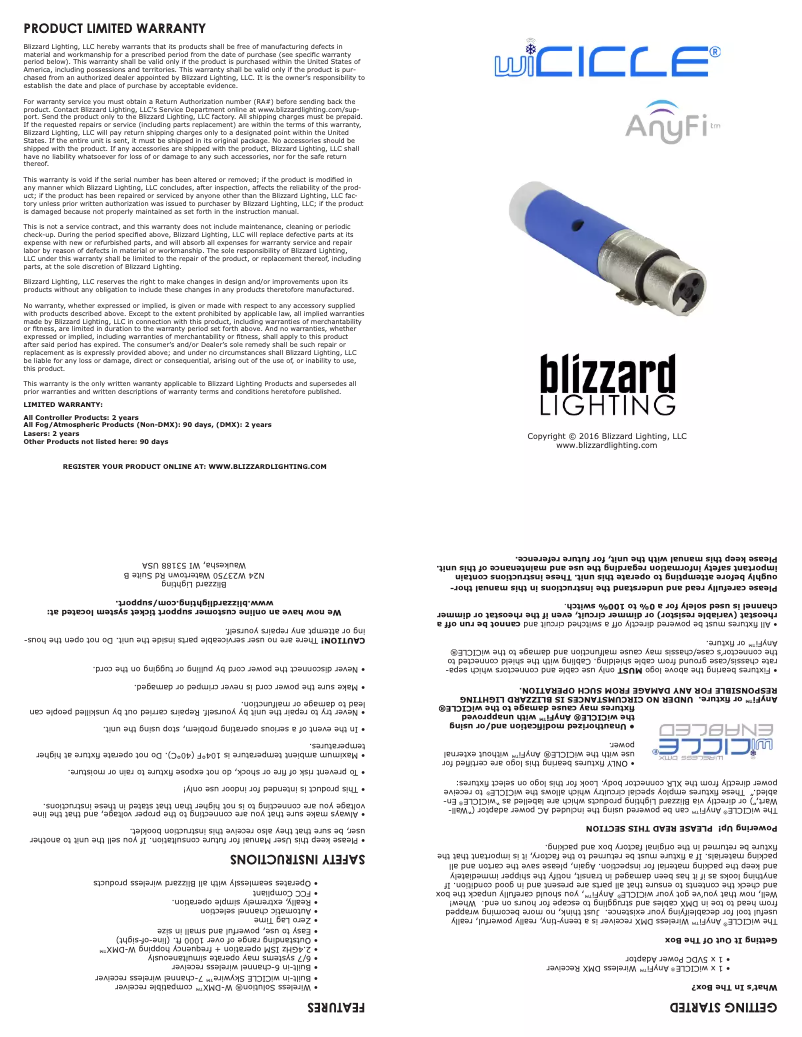 Page 1 de la notice Manuel utilisateur Blizzard wiCICLE AnyFi