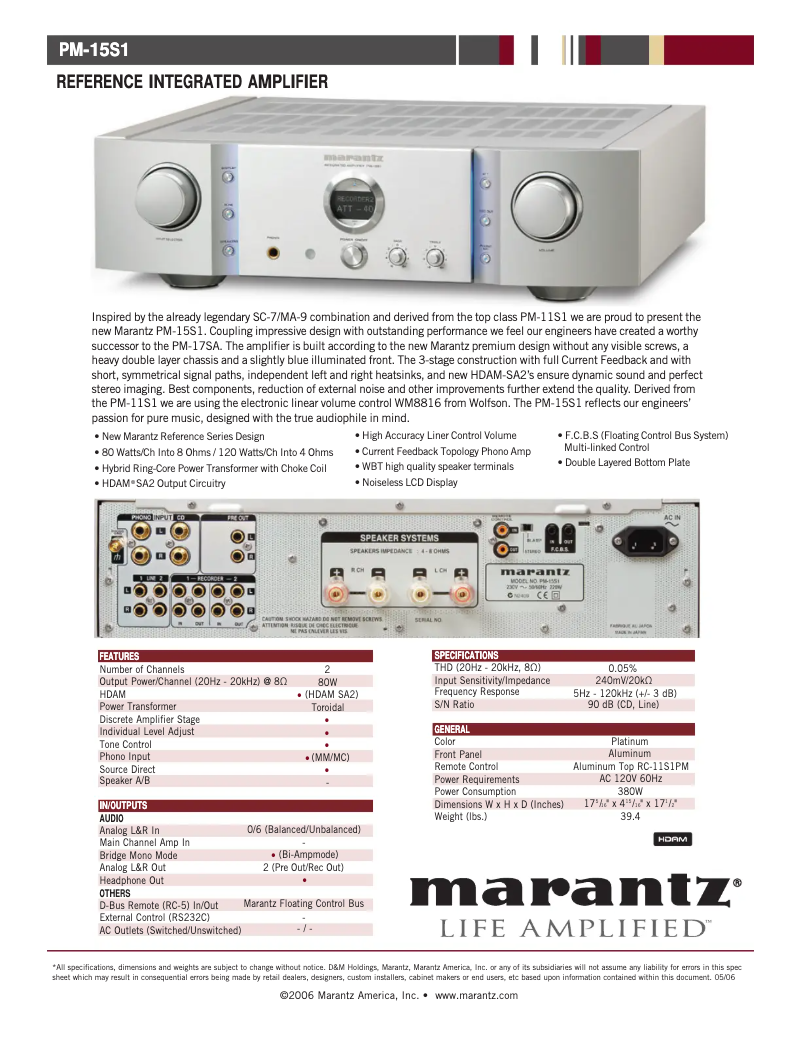 Page 1 de la notice Fiche technique Marantz PM-15S1