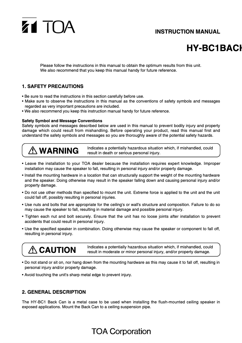 Page 1 de la notice Manuel utilisateur TOA HY-BC1