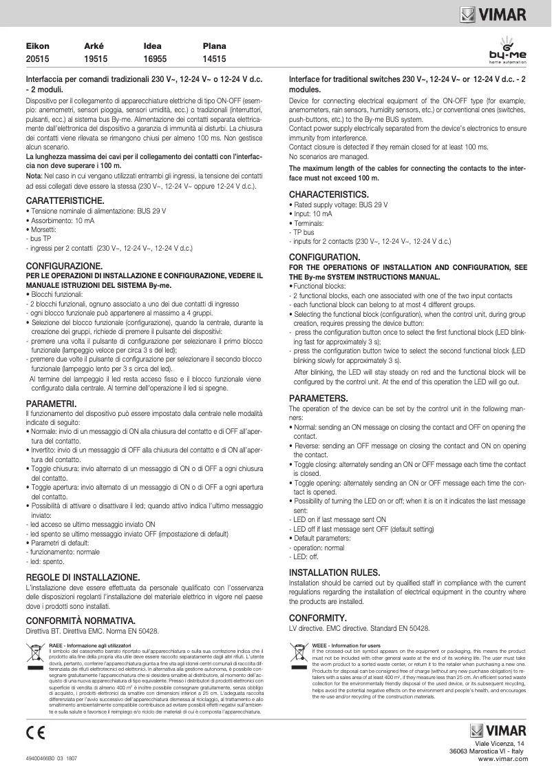 Page 1 de la notice Manuel utilisateur Vimar R16955.B