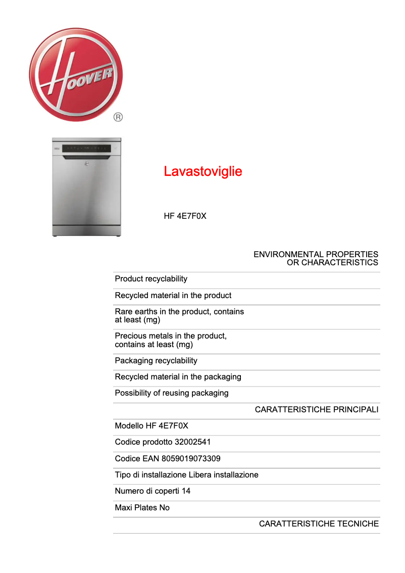 Page 1 de la notice Fiche technique Hoover HF 4E7F0X