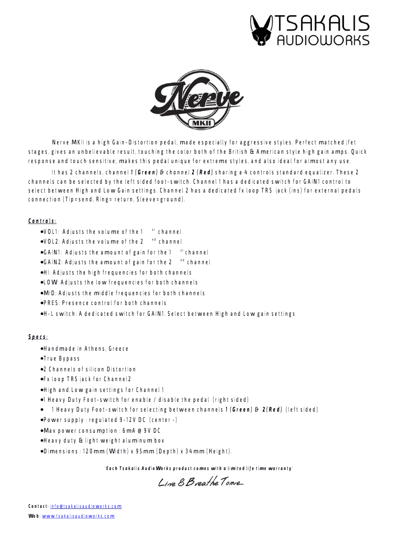 Page 1 de la notice Manuel utilisateur Tsakalis AudioWorks Nerve MKII