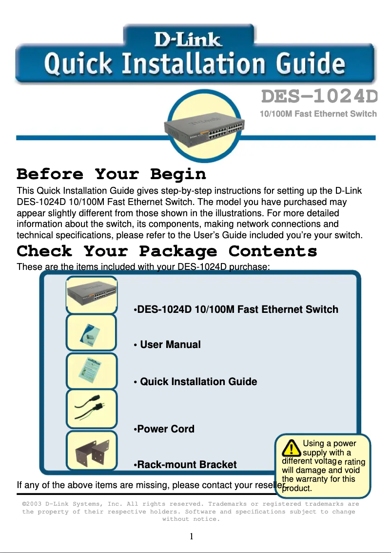 Page 1 de la notice Manuel utilisateur D-Link DES-1024D