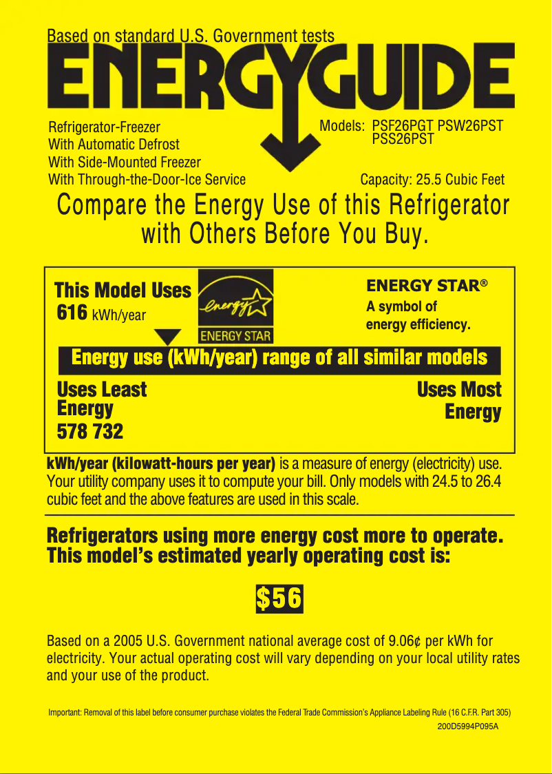 Page n°1 - Label énergétique GE Profile PSF26PGTSB