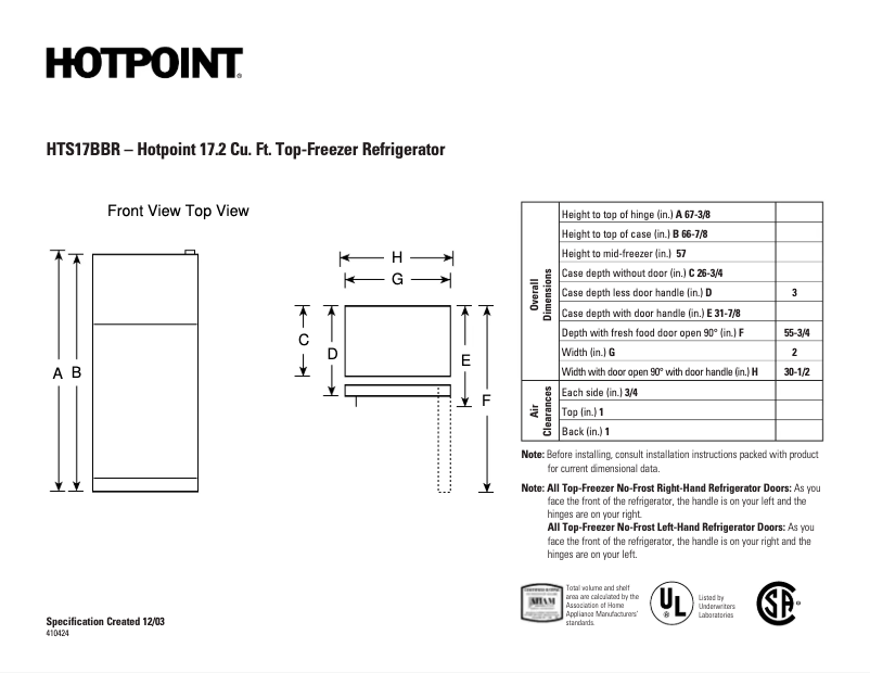 Page 1 de la notice Fiche technique Hotpoint HTS17BBRLCC