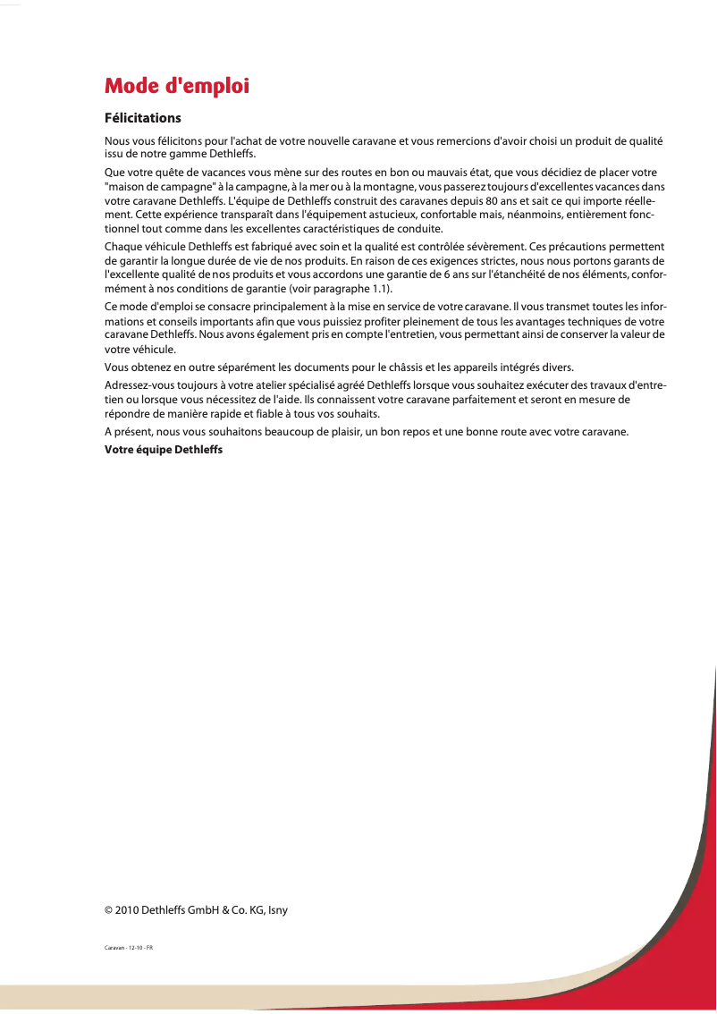 Page 1 of the manual User Manual Dethleffs 2011