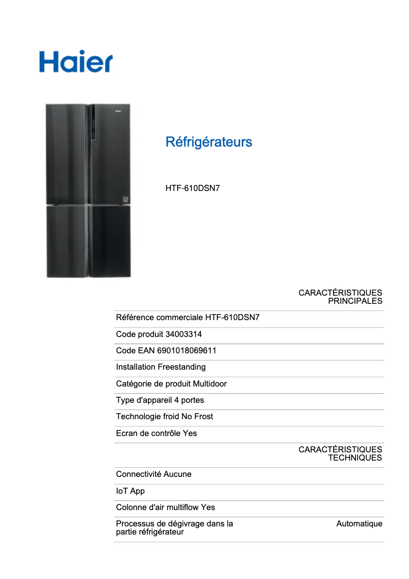 Página 1 del manual Ficha técnica Haier HTF-610DSN7