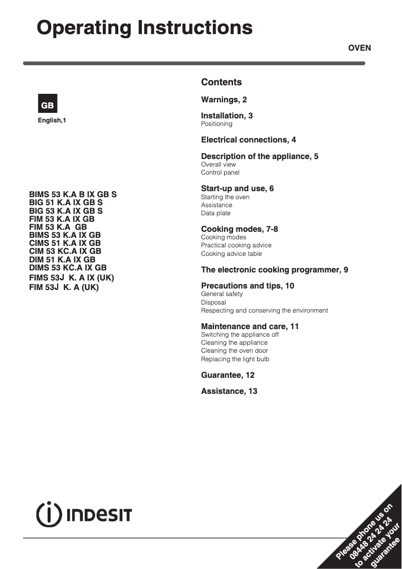 Página 1 del manual Instrucciones / montaje Indesit FIM 53J K.A(BK) (UK)
